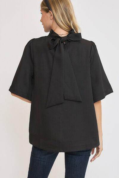 Umgee Bow Tie Back Mock Neck Half Sleeve Blouse for Women - Selvanelle