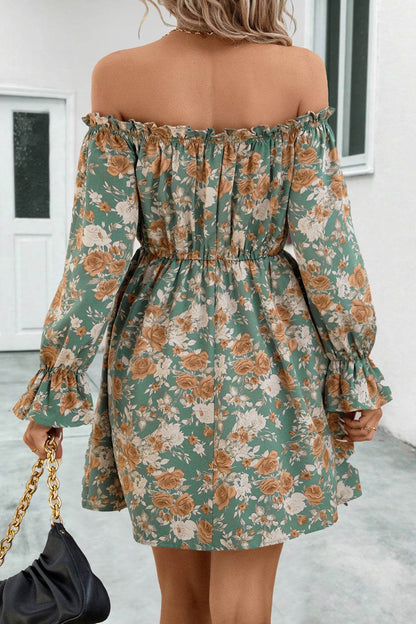 Floral Off-Shoulder Flounce Sleeve Dress - Selvanelle
