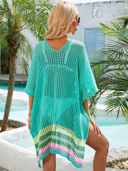 Slit Openwork V-Neck Half Sleeve Cover-Up - Selvanelle