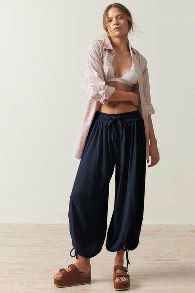 Drawstring Ruched Pants for Women in Sheer Opaque Style - Selvanelle