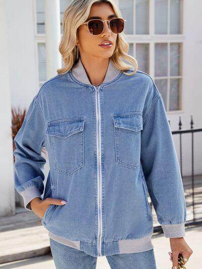 Pocketed Zip Up Baseball Collar Denim Jacket for Women - Selvanelle