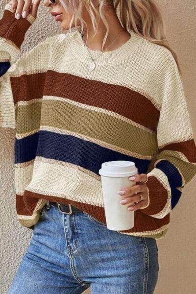 Contrast Striped Round Neck Long Sleeve Sweater for Women - Selvanelle