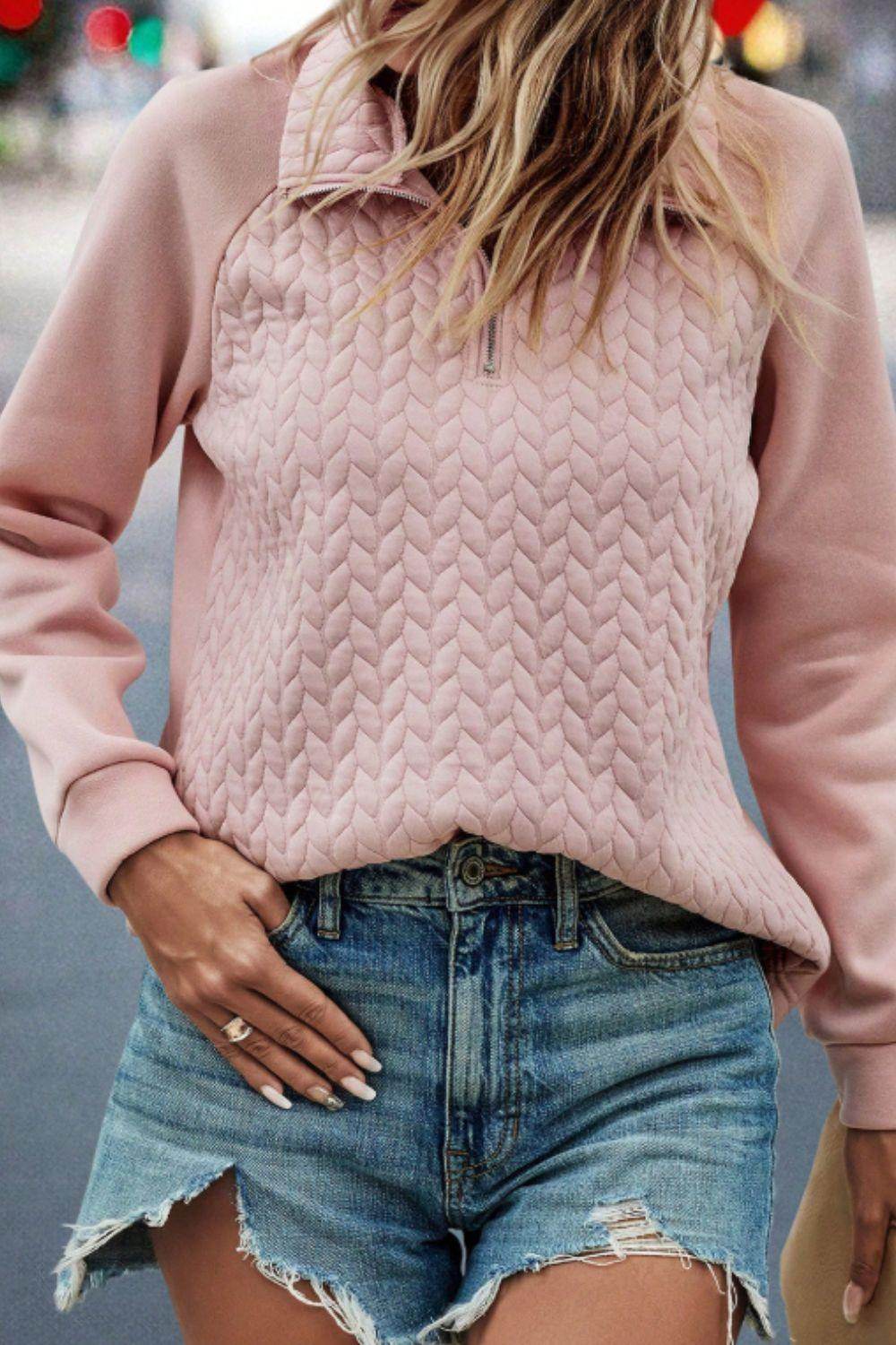 Textured Quarter Zip Long Sleeve Sweatshirt for Women - Selvanelle