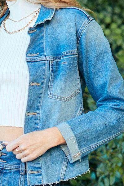 Veveret Button Up Raw Hem Denim Jacket for Women Fashion - Selvanelle
