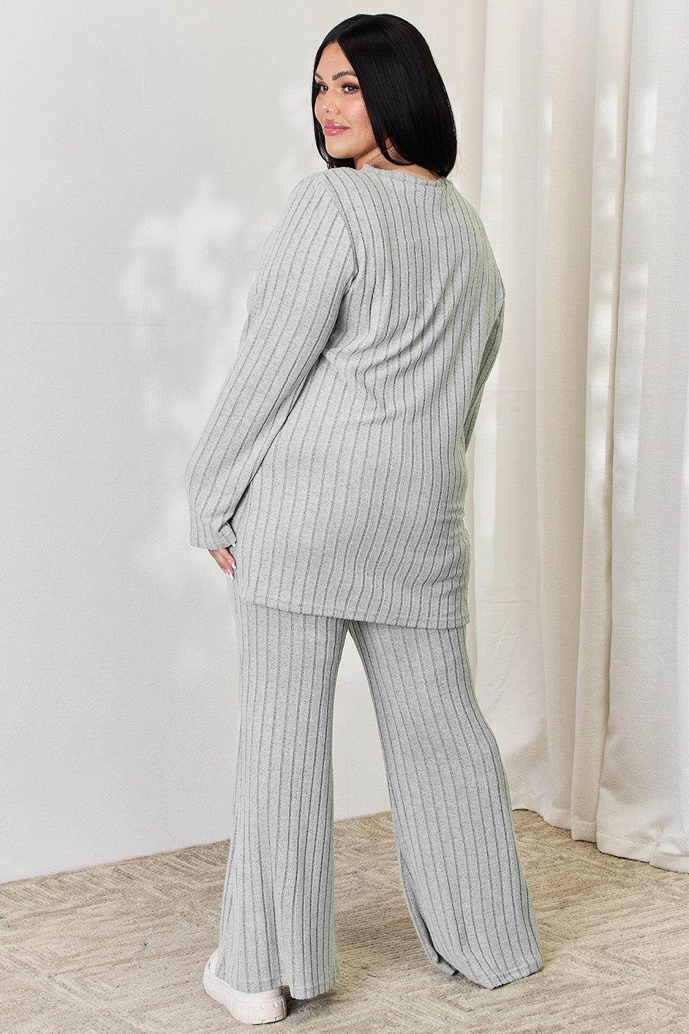 Basic Bae Full Size Ribbed High-Low Top and Wide Leg Pants Set - Selvanelle