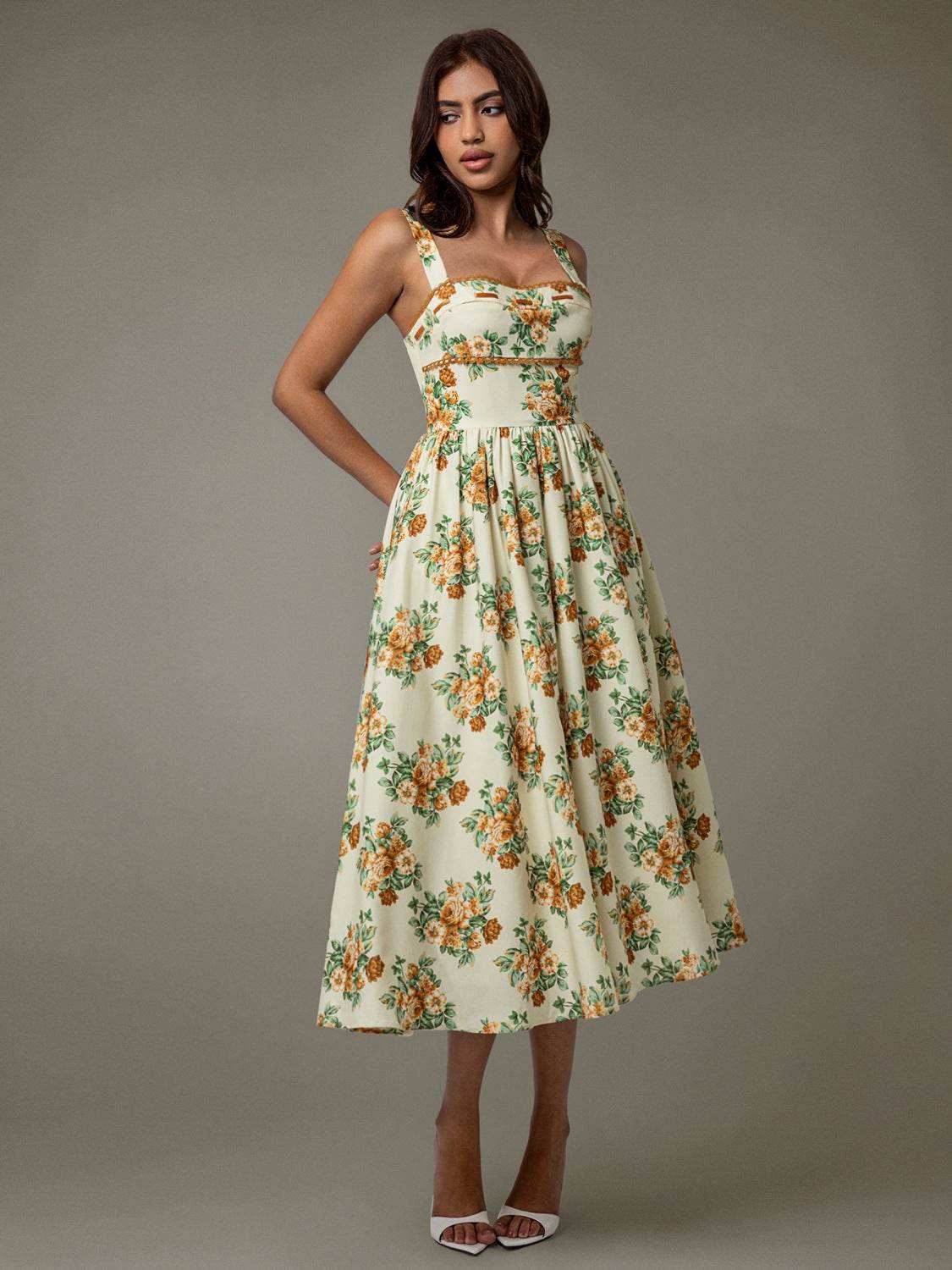 Lace Trim Floral Sleeveless Midi Dress - Selvanelle