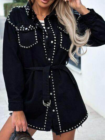 Studded Snap Down Long Sleeve Denim Shacket for Women - Selvanelle