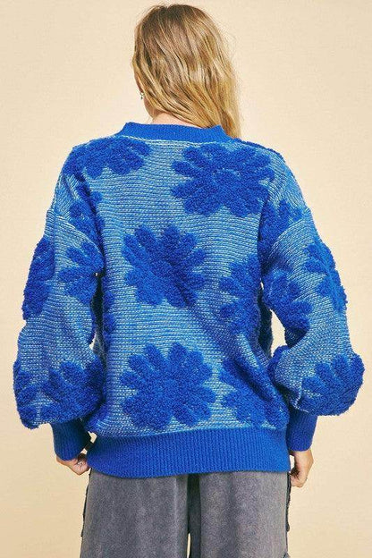 Davi & Dani Flower Texture Round Neck Dropped Shoulder Sweater - Selvanelle