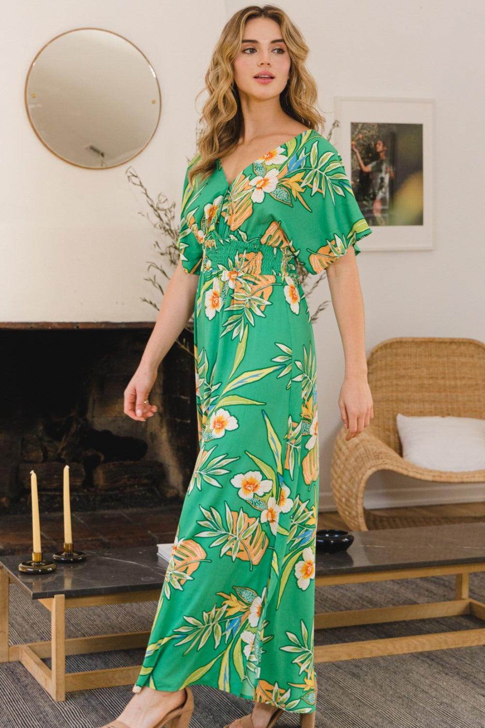 ODDI Full Size Floral Smocked Tied Back Maxi Dress Style - Selvanelle