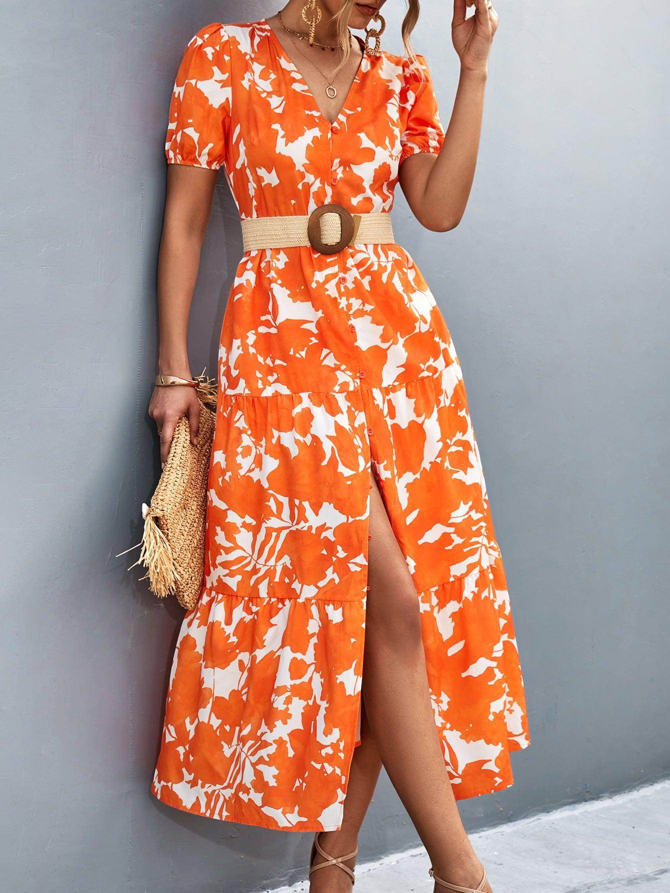 V-Neck Short Sleeve High Slit Midi Dress for Chic Style - Selvanelle