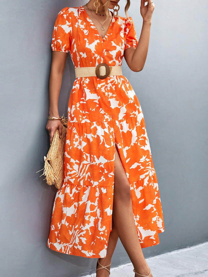 V-Neck Short Sleeve High Slit Midi Dress for Chic Style - Selvanelle