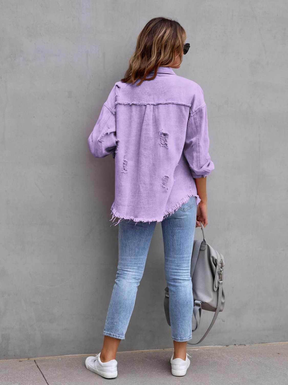 Distressed Drop Shoulder Denim Jacket for Casual Style - Selvanelle
