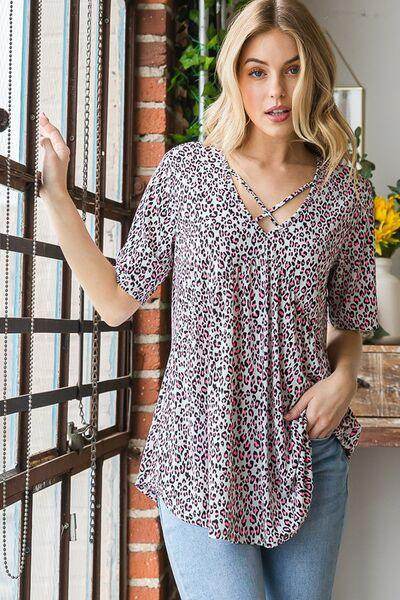 Heimish Full Size Short Sleeve Crisscross Animal Babydoll Top Plus Size - Selvanelle
