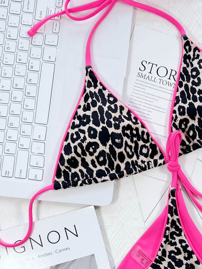 Leopard Print Halter Neck Tie Side Bikini Set - Selvanelle