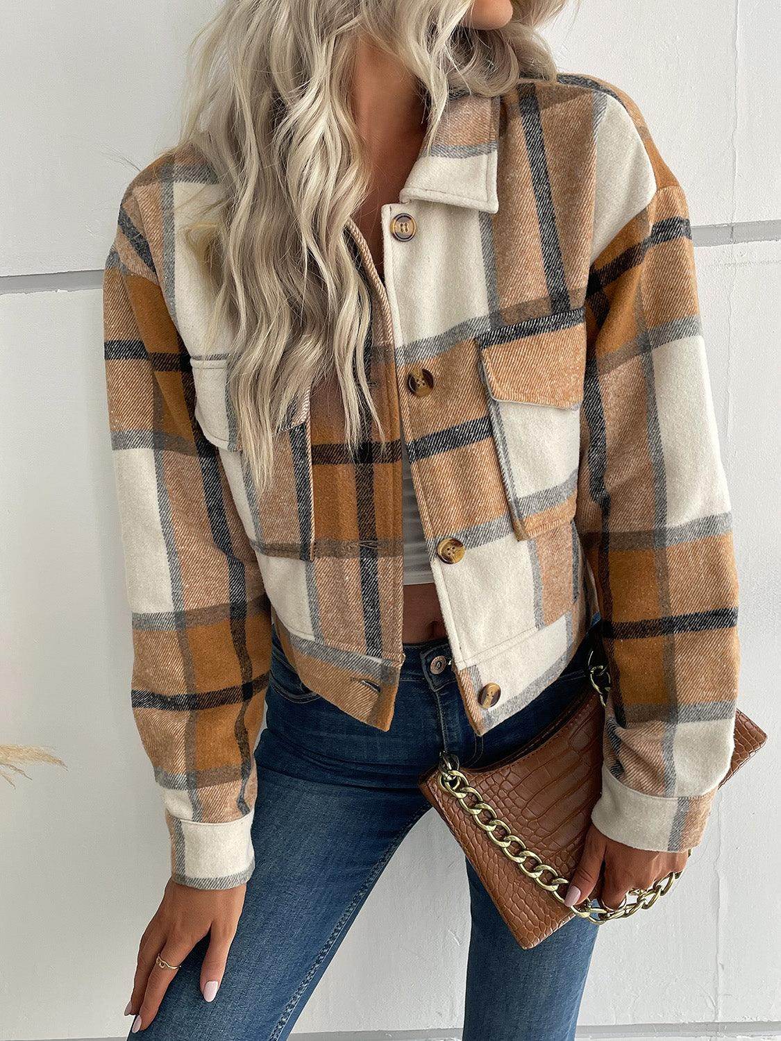 Perfee Plaid Button Up Drop Shoulder Cropped Jacket for Women - Selvanelle
