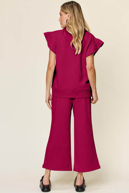Double Take Texture Ruffle Short Sleeve Top and Pants Set - Selvanelle