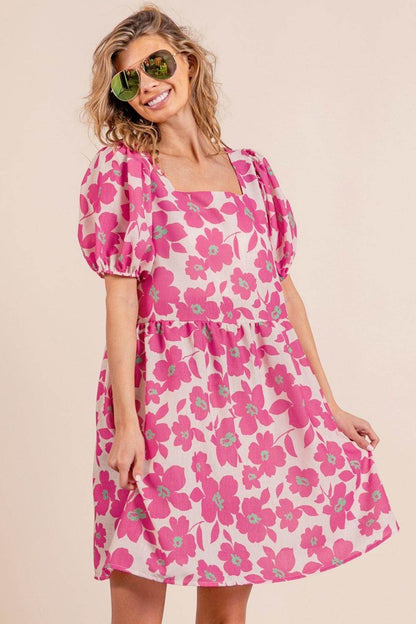 BiBi Printed Square Neck Puff Sleeve Mini Dress for Women - Selvanelle