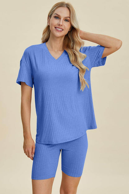 Basic Bae Full Size Ribbed V-Neck Top and Shorts Set For Women - Selvanelle