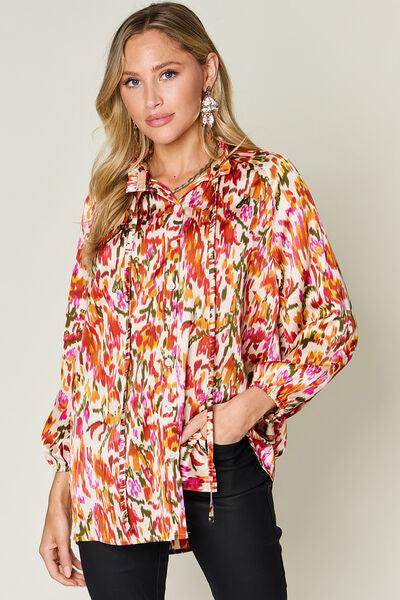 Double Take Full Size Printed Button Up Long Sleeve Shirt - Selvanelle
