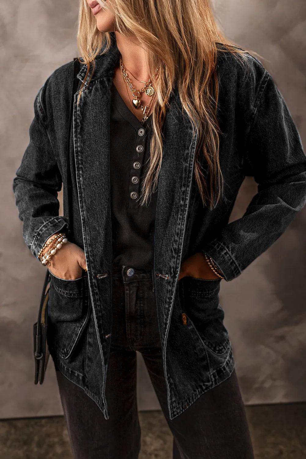 Pocketed Long Sleeve Denim Jacket for Women Stylish Fit - Selvanelle