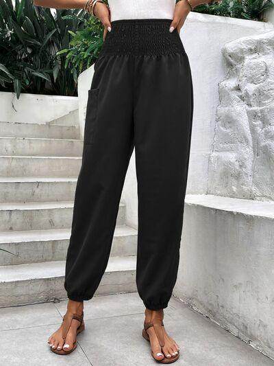 Smocked High Rise Joggers with Pockets for Women - Selvanelle