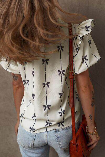 Bow Print Tie Neck Short Sleeve Blouse for Women - Selvanelle