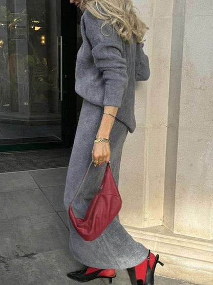 Round Neck Dropped Shoulder Top and Midi Skirt Sweater Set - Selvanelle