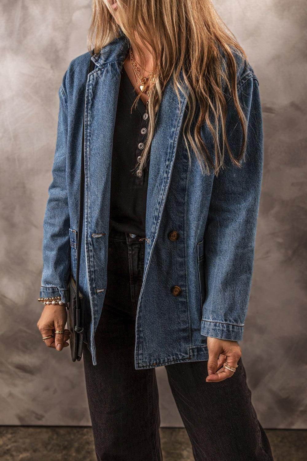 Pocketed Long Sleeve Denim Jacket for Women Stylish Fit - Selvanelle