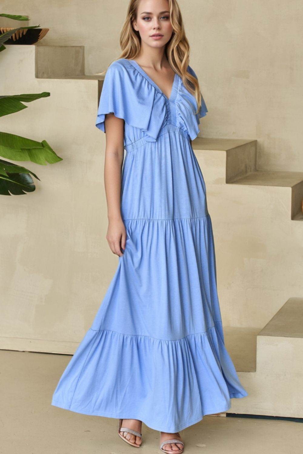 Ruffled V Neck Flutter Sleeve Maxi Dress - Selvanelle