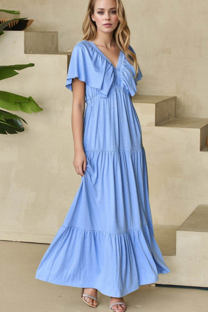 Ruffled V Neck Flutter Sleeve Maxi Dress - Selvanelle