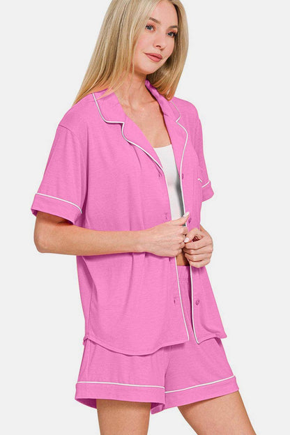 Zenana Button Down Short Sleeve Top and Shorts Lounge Set - Selvanelle