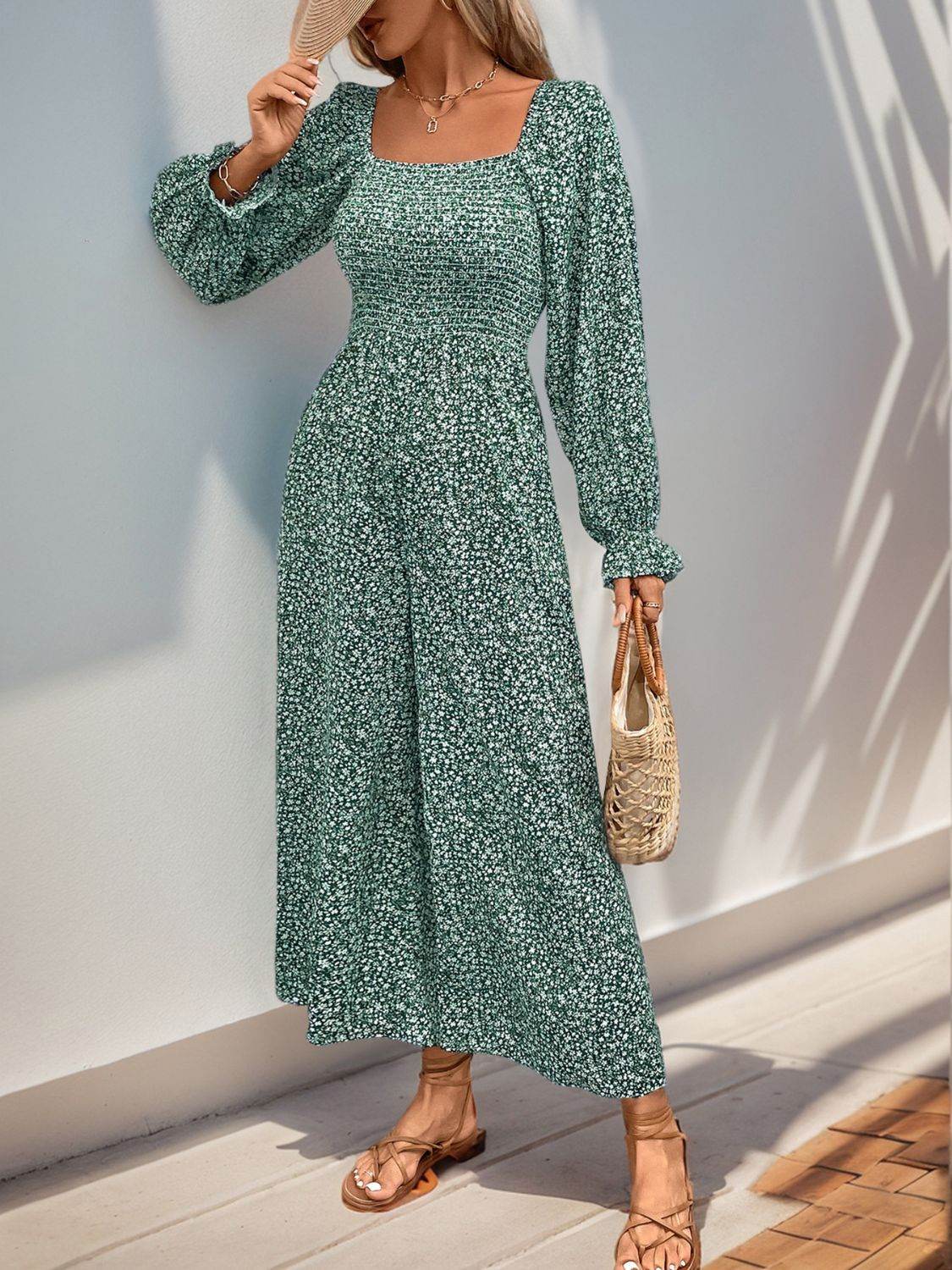 Perfee Smocked Printed Long Sleeve Wide Leg Jumpsuit - Selvanelle