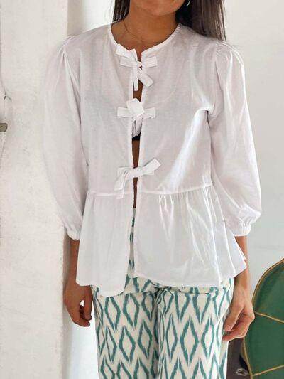 Tied Round Neck Balloon Sleeve Shirt for Stylish Look - Selvanelle
