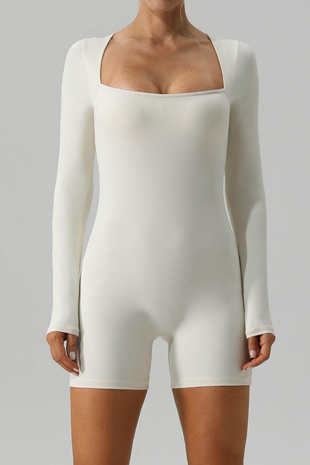 Square Neck Long Sleeve Active Romper for Women Fitness - Selvanelle