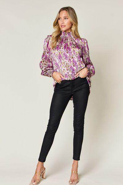 Double Take Full Size Printed Smocked Long Sleeve Blouse - Selvanelle