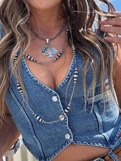 Buttoned V-Neck Denim Top for Stylish Casual Outfits - Selvanelle