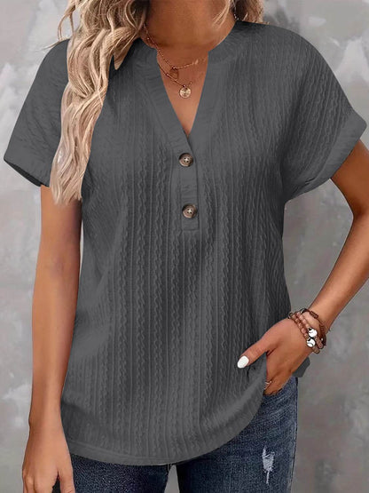 Textured Notched Short Sleeve Top - Selvanelle