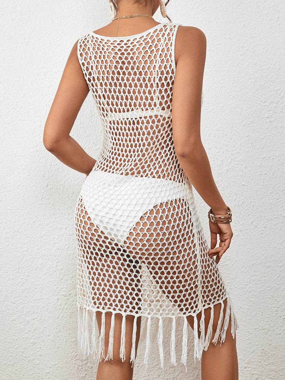 Tassel Hem Hollow Out Sleeveless Cover Up - Selvanelle