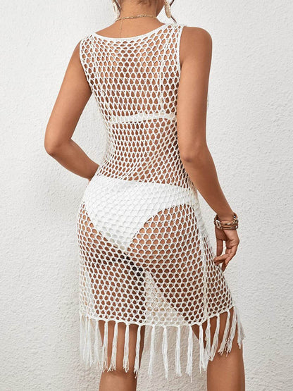 Tassel Hem Hollow Out Sleeveless Cover Up - Selvanelle