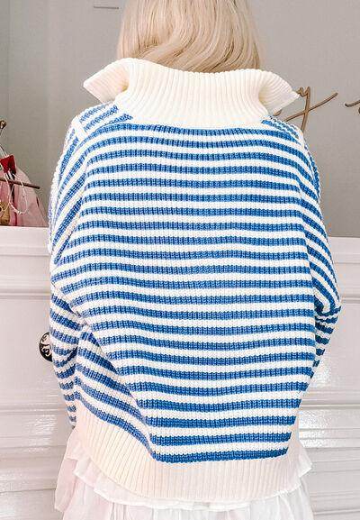 Striped Half Zip Mock Neck Long Sleeve Sweater for Women - Selvanelle