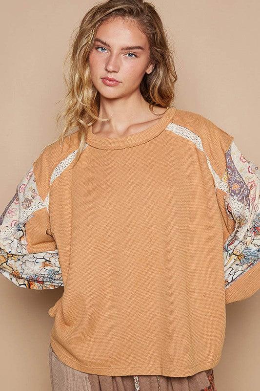 POL Waffle-Knit Lace Detail Round Neck Top for Women