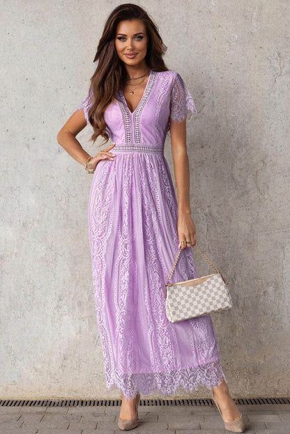 Scalloped Trim Lace Plunge Dress for Elegant Occasions - Selvanelle