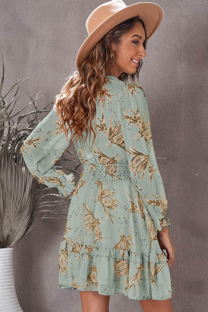 Floral Deep V Flounce Sleeve Mini Dress for Casual Chic - Selvanelle