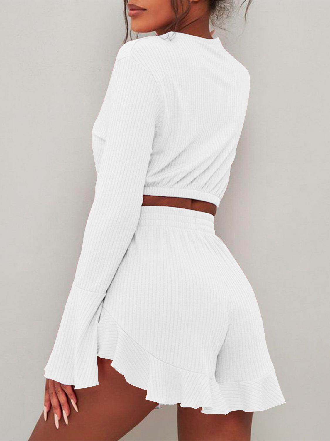Round Neck Long Sleeve Top and Ruffled Shorts Set for Women - Selvanelle