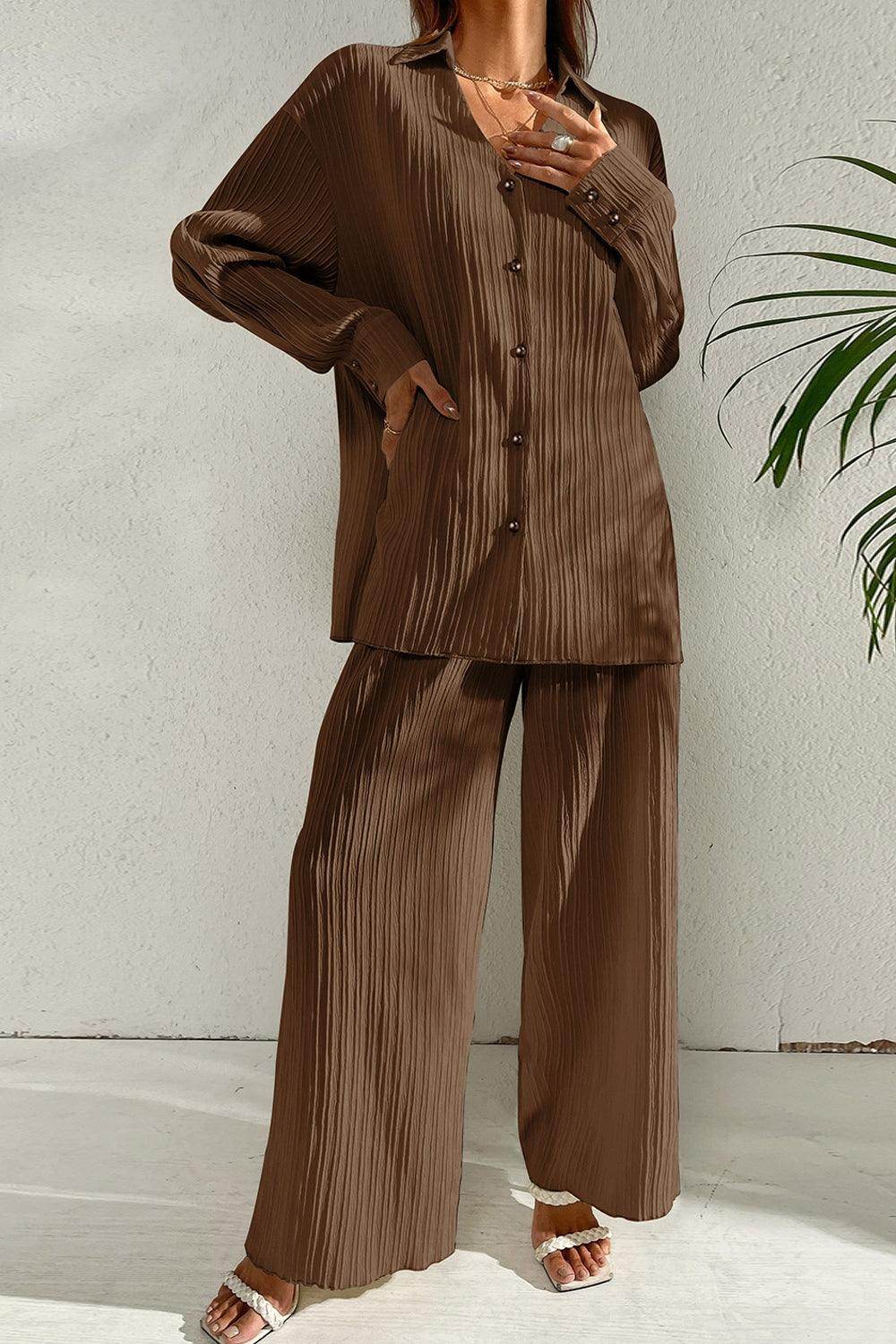 Johnny Collar Button Down Top and Pants Set for Women - Selvanelle