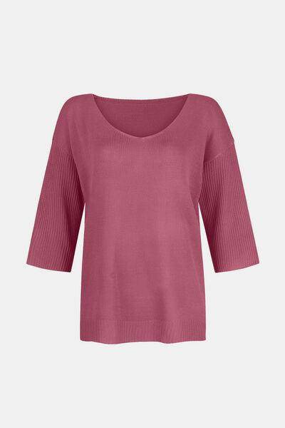 V-Neck Three-Quarter Sleeve Knit Top for Women Fashion - Selvanelle