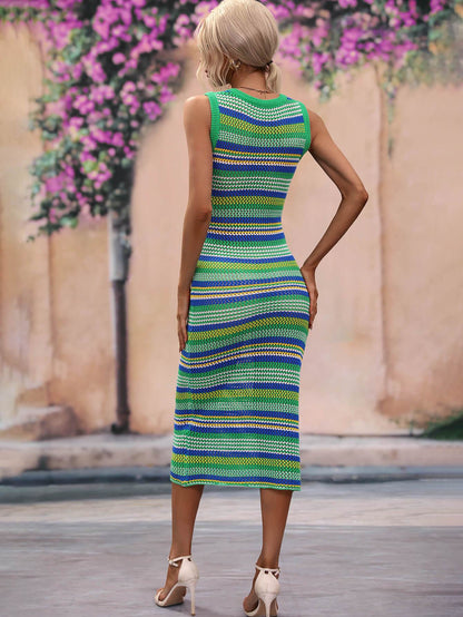 Striped Round Neck Sleeveless Midi Cover Up Dress - Selvanelle