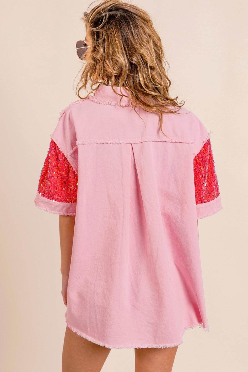 BiBi Sequin Detail Raw Hem Short Sleeve Shirt Glamorous - Selvanelle