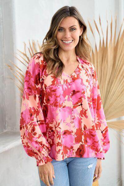 Hailey & Co Ruffle V-Neck Decor Button Floral Blouse - Selvanelle