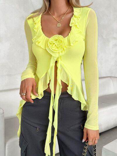 Devine Flower Scoop Neck Long Sleeve Top for Women - Selvanelle